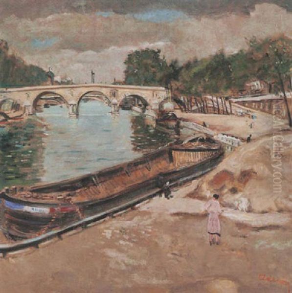 Pont Parisien Avec Peniche Oil Painting by Lucien Adrion