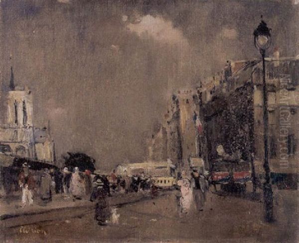 Paris, Quai Montebello Mit Notre Dame Oil Painting by Lucien Adrion