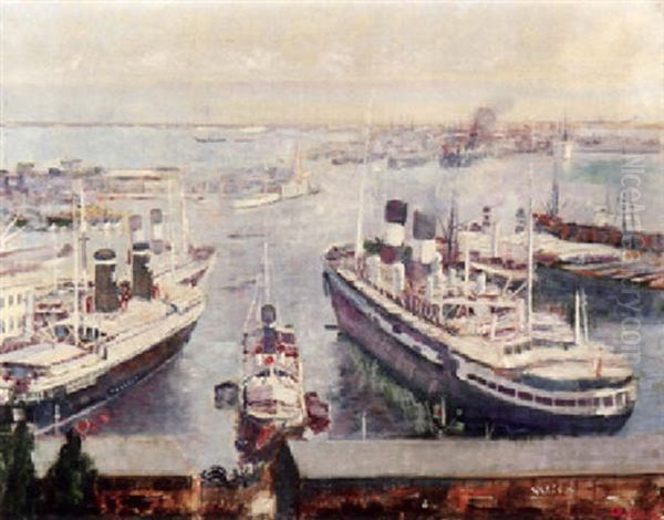 Panoramablick Auf De Hafen Von Nantes Oil Painting by Lucien Adrion