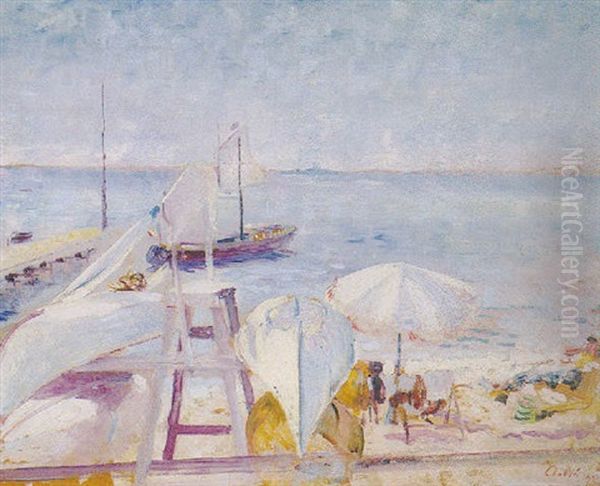 Scene De Plage, Nice Oil Painting by Lucien Adrion