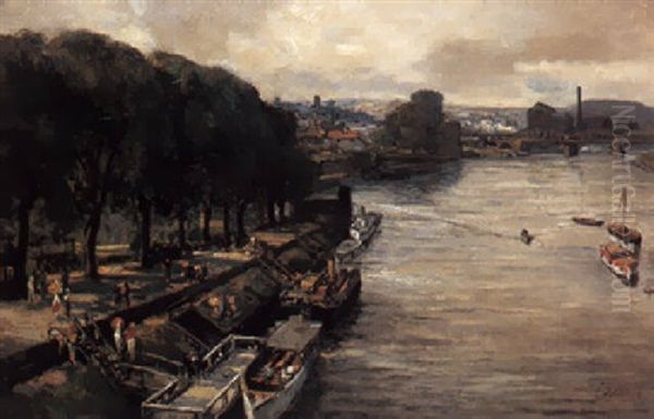 Bateaux Dans La Riviere Oil Painting by Lucien Adrion