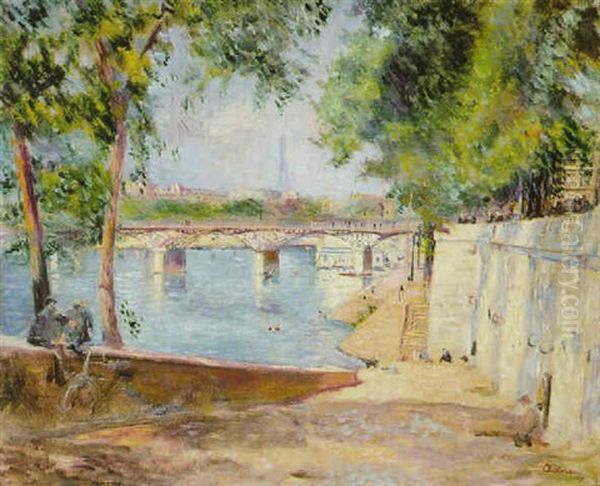 La Printemps A Paris, Au Bord De La Seine Oil Painting by Lucien Adrion