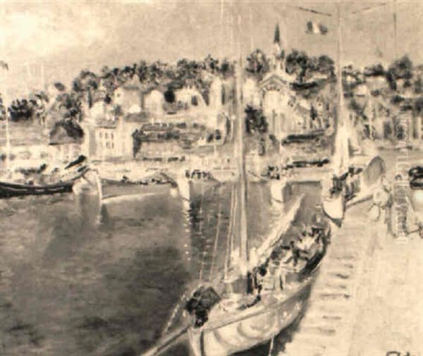 Hagen Von Deauville Mit Vor Anker Liegenden Segelbooten Oil Painting by Lucien Adrion