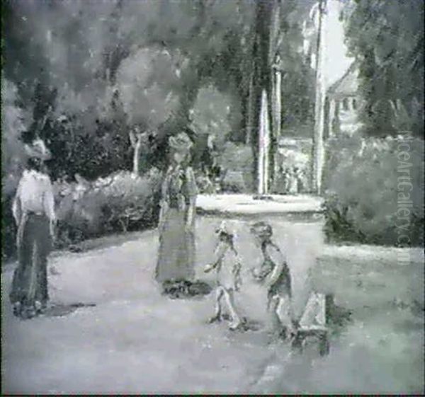 Park (park Des Palais Du Luxembourg In Paris?) Mit          Spielednen Kindern Und Spziergangerinnen Nahe Einer Fontaine Oil Painting by Lucien Adrion