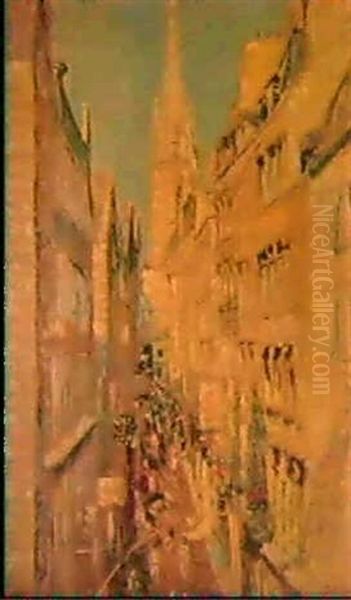 La Grande Rue A Saint Malo Oil Painting by Lucien Adrion