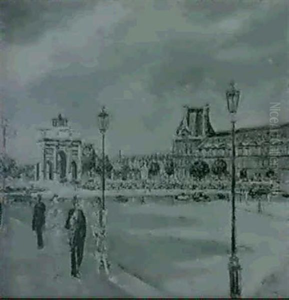 Paris, Le Louvre, Place Du Carrousel Oil Painting by Lucien Adrion