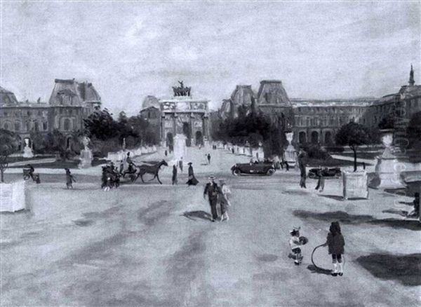 A View Of The Tuilerien, Paris, Looking Towards The Louvre Oil Painting by Lucien Adrion