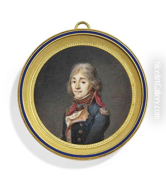 A Young Officer, In Blue Coat With Silver Epaulette, Large Red Buttons And Red Collar With White Edge, Red Waistcoat, Frilled White Cravat Oil Painting by Etienne-Louis Advinent