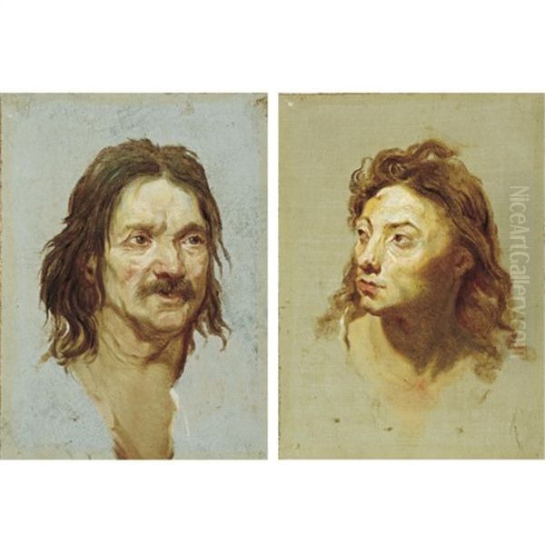 Head Of A Man With A Moustache (+ Head Of A Young Man Turned To His Right; Pair) Oil Painting by Etienne-Louis Advinent