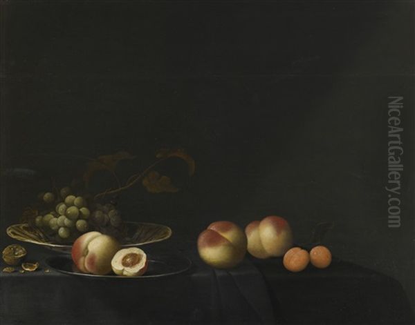 Still Life Of Grapes, Peaches, Apricots And Walnuts, All Upon A Table Draped In A Dark Fabric Oil Painting by Evert Van Aelst