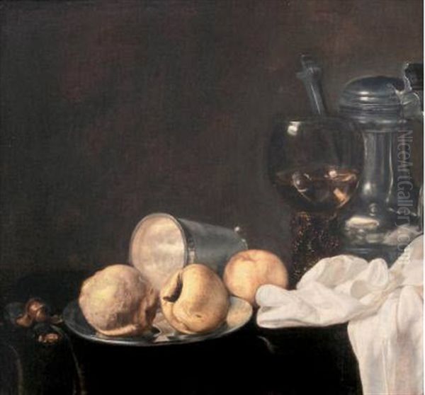 Nature-morte A La Coupe De Pommes, Cedrat, Verre Roemer Et Pichet D'etain Sur Un Entablement Oil Painting by Evert Van Aelst