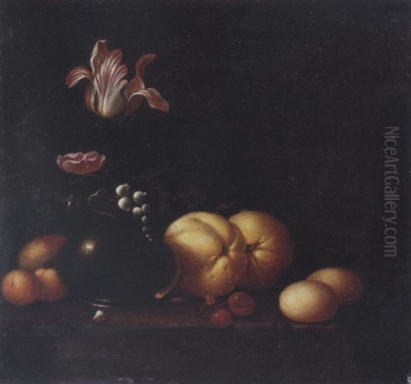 A Tulip, A Rose And A Lily Of The Valley In A Glass Vase With A Peach, An Apricot, Plums, Cherries And Quinces On A Draped Table Oil Painting by Evert Van Aelst