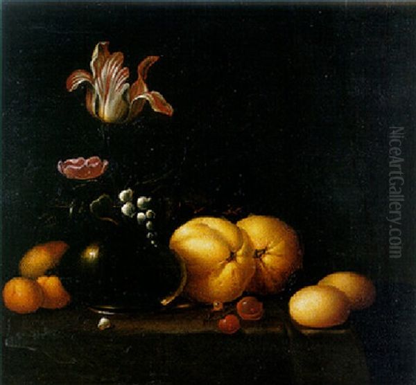 A Tulip, A Rose And A Lily-of-the-valley In A Glass Vase With A Peach, And Other Fruit On A Draped Table Oil Painting by Evert Van Aelst