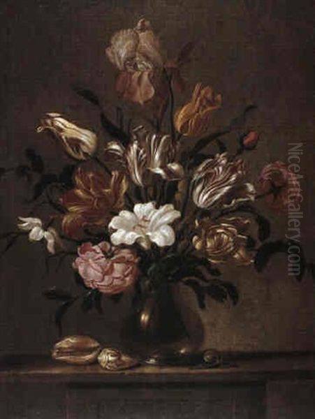 A Still-life Of Tulips And Other Flowers In A Glass Vase    With Seashells And A Snail, All On A Table Oil Painting by Evert Van Aelst