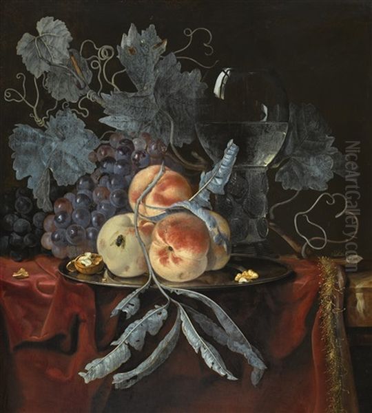 Still Life With Peaches And Grapes On A Pewter Plate, With A Walnut, And A Glass Roemer, All On A Draped Table Oil Painting by Willem Van Aelst