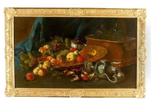 Large Still Life With Fruits, Birds And Silver Objects By A Water Cooler Basin With Two Glass Flasks And Some Berries In A Wang-li Bowl Oil Painting by Willem Van Aelst