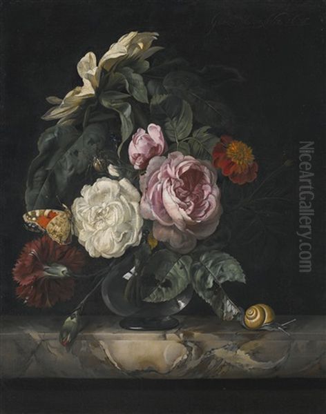 Still Life Of Roses, A Carnation And A Sunflower In A Glass Vase, On A Marble Ledge Oil Painting by Willem Van Aelst