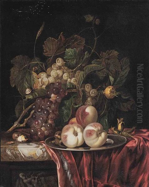 Peaches On A Pewter Plate With Grapes, Chestnuts And Hazelnuts On A Partly Draped Stone Ledge Oil Painting by Willem Van Aelst