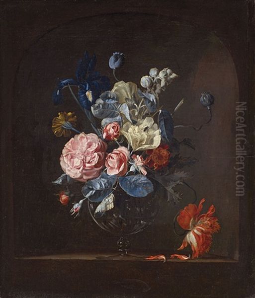 A Vase With Roses, Iris, Marigold, And Tulip In A Niche Oil Painting by Willem Van Aelst