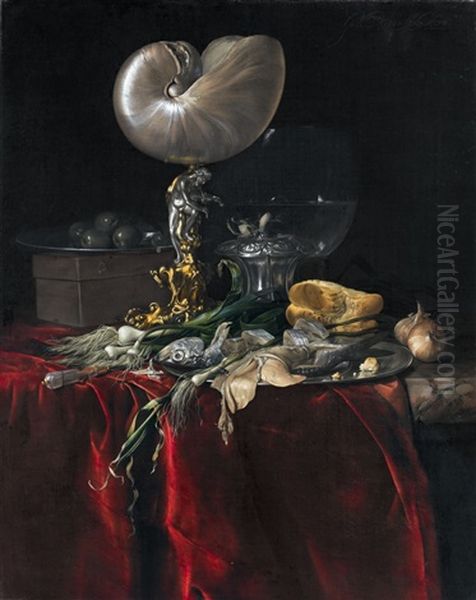 Still Life With Fish, Bread, And A Nautilus Cup Oil Painting by Willem Van Aelst