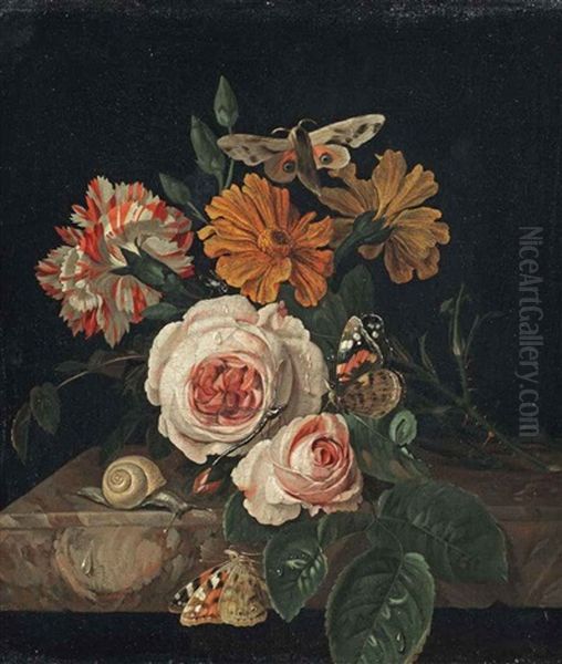 Pink Peony Roses, A Carnation And Daisies With A Dragonfly, Two Butterflies, A Moth And A Snail, All On A Marble Ledge Oil Painting by Willem Van Aelst