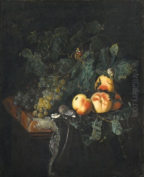 Stillleben Mit Trauben, Pfirsichen, Walnussen Und Insekten Oil Painting by Willem Van Aelst