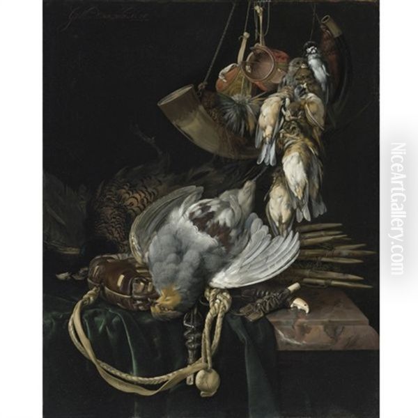 A Partridge, A Pheasant, A Hunting Bag And Traps On A Partially Draped Ledge, Songbirds, A Hunting Horn And Hawking Hoods Hanging Above Oil Painting by Willem Van Aelst