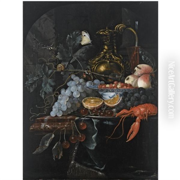 A Still Life With Grapes, Strawberries In A Porcelain Bowl, Peaches, A Silver-gilt Jug, A Wine Glass, Oranges, Cherries And A Lobster, On A Silver Plate, All On A Marble Ledge Draped With A Green Clot Oil Painting by Willem Van Aelst