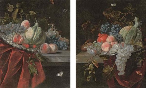 Grapes, Peaches, A Melon, A Fig, And A Pomegranate On A Partly Draped Ledge (+ Another, Similar; Pair) Oil Painting by Willem Van Aelst