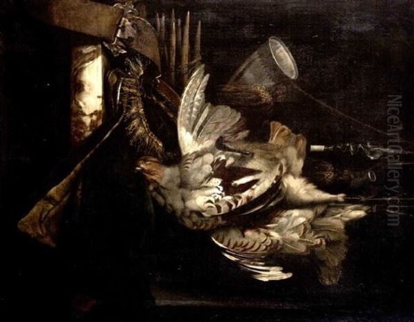 A Dead Partridge And Hunting Paraphernalia Hanging Above A Draped Marble Ledge Oil Painting by Willem Van Aelst