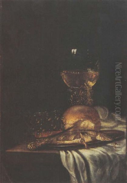 A Still Life With A Herring On A Pewter Plate And A Knife, A Bun, A Roemer And A Glass, All On A Partly Draped Table Oil Painting by Willem Van Aelst