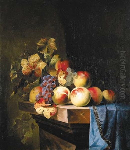 Peaches And Grapes On A Marble Ledge Oil Painting by Willem Van Aelst