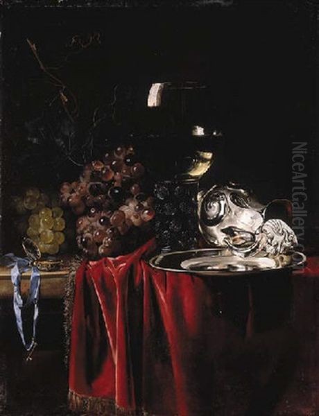 Grapes, A Pocketwatch, A Roemer, A Silver Ewer And A Plate, On A Partly Draped Marble Ledge, The Artist At Work At His Easel Reflected In The Roemer Oil Painting by Willem Van Aelst