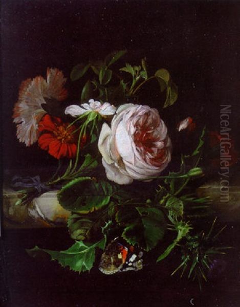 A Sprig Of Damask Roses, A White And Red Carnation And A Thistle, Tied With A Blue Ribbon, With A Red Admiral, On A Stone Ledge Oil Painting by Willem Van Aelst