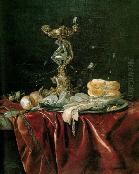 Still Life Of Fish On A Pewter Platter, An Orpheus Salt Cellar, A Roemer And Other Objects, All On A Draped Table Oil Painting by Willem Van Aelst