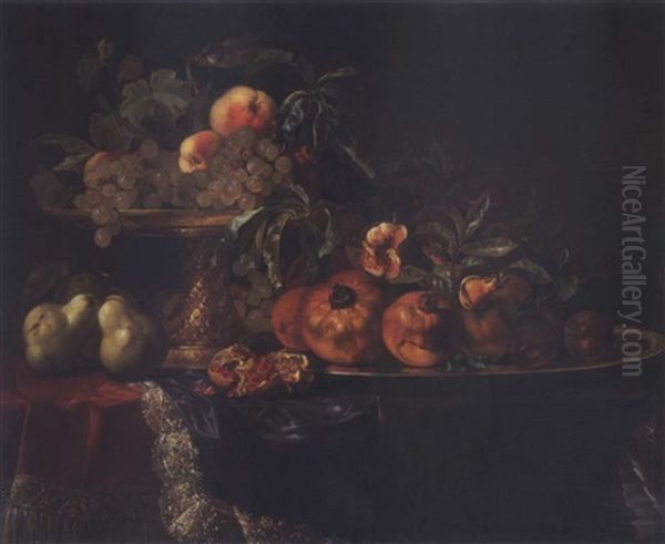 Still Life Of Fruit On A Silver-gilt Tazza And A Silver Plate With Three Pears And A Pomegranate On A Table Covered With Satin And Velvet Oil Painting by Willem Van Aelst