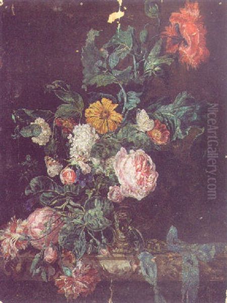 Tulips, Roses And Daisies In A Vase On A Marble Ledge Oil Painting by Willem Van Aelst