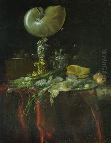 A Nautilus Cup, A Pickled Herring And A Fillet On A Pewter Plate With A Fly And Other Objects On A Partly Draped Marble Shelf Oil Painting by Willem Van Aelst