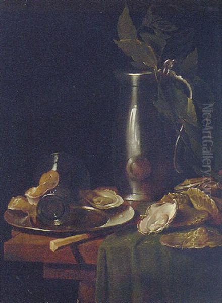 An Upturned Roemer And Lemon Peel On A Pewter Plate, A Ewer, A Sprig Of Bay Leaves, A Knife And Oysters On A Table Oil Painting by Willem Van Aelst