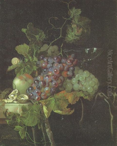 Grapes, An Apple, A Sliced Walnut, A Glass, A Snail And A Mouse On A Marble Ledge Oil Painting by Willem Van Aelst