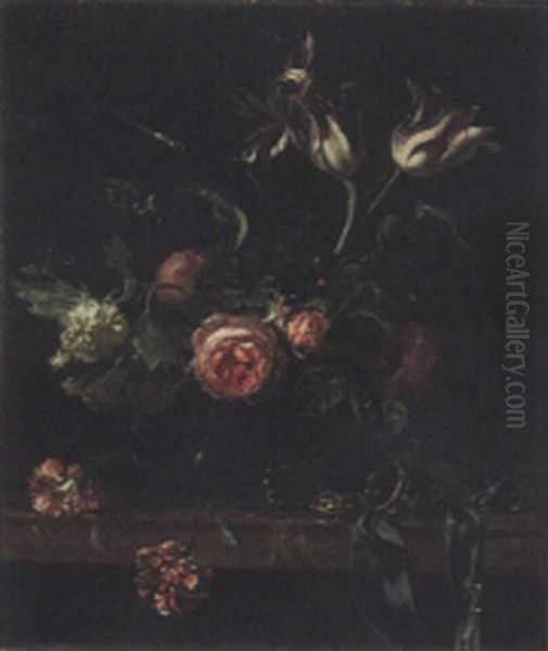 Still Life Of Roses, Tulips, Pansies And Other Flowers In Glass Vase Oil Painting by Willem Van Aelst