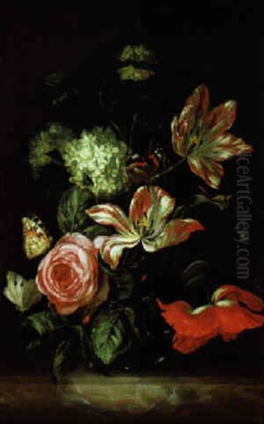 Blumenstraus Von Tulpen, Rosen, Schneeballen Und Pfingstrose Mit Schmetterlingen Oil Painting by Willem Van Aelst