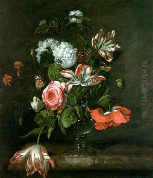 A Still Life Of Parrot Tulips, Roses And Other Flowers In A Glass Vase On A Marble Ledge With Butterflies Oil Painting by Willem Van Aelst