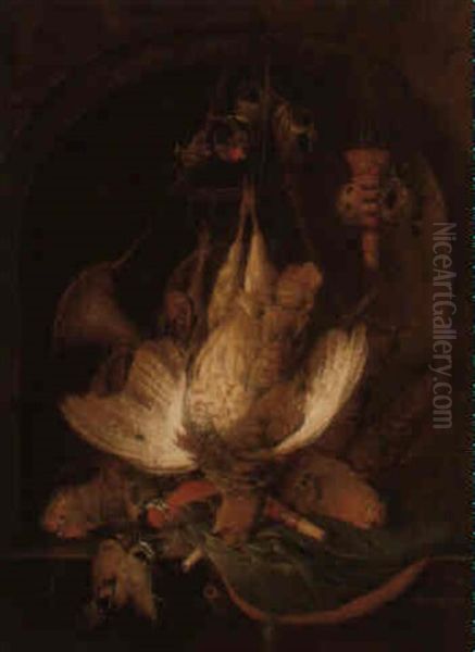 A Hunting Still Life With A Hanging Partridge And A Hunting Horn On A Ledge Oil Painting by Willem Van Aelst