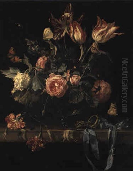 Still Life Of Roses And Other Flowers With Watch In Crystal Case Oil Painting by Willem Van Aelst