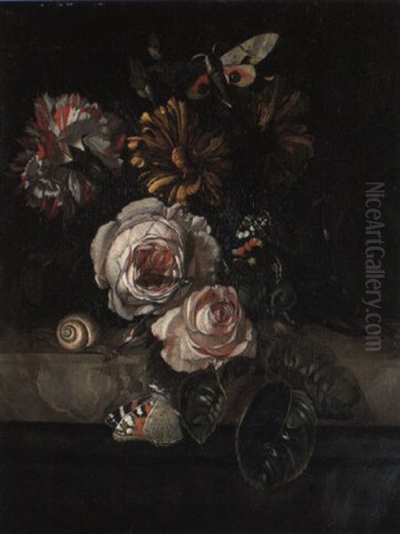 Pink Roses And Other Flowers And Insects Oil Painting by Willem Van Aelst