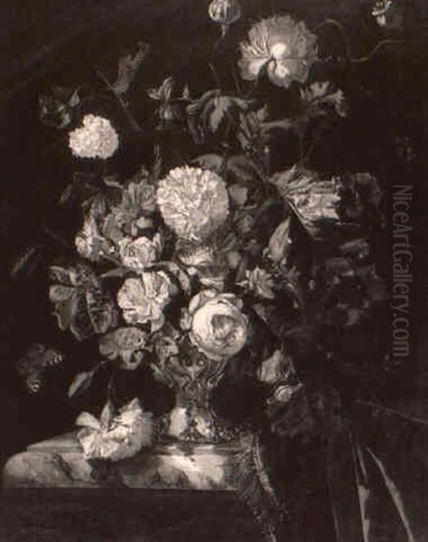 Still Life With Primroses, Morning Glory And Butterfly On A Marble Table by Willem Van Aelst