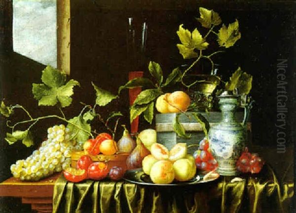 Still Life Of Fruit, A Covered Pitcher, A Wine Flute, A Roemer And Two Wood Boxes, All On A Draped Table Near An Open Window Oil Painting by Theodor van Aenvack