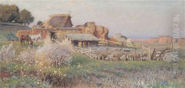 A Sheep Farm On The Roman Campagna, A Ruined Aqueduct Beyond Oil Painting by Franz Theodor Aerni