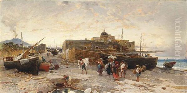 Neapolitan Fisherfolk At The End Of The Day Oil Painting by Franz Theodor Aerni